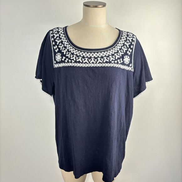 Talbots Tops - TALBOTS Women's 3XP 100% Cotton Navy Embroidered Short Sleeves Crewneck T Shirt